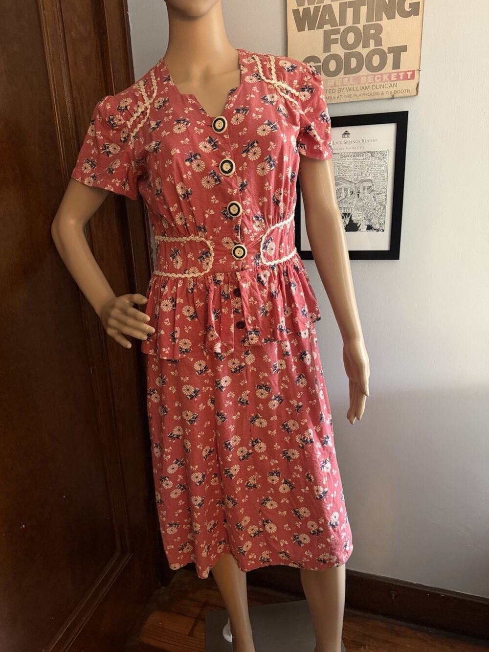 Vintage 40s Pink Cotton Peplum Dress Size S